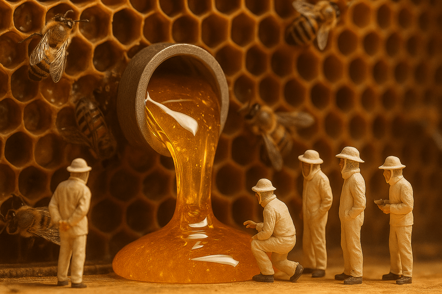 Künstlerische Darstellung kleiner Imker, die Honigwaben im Bienenstock ernten